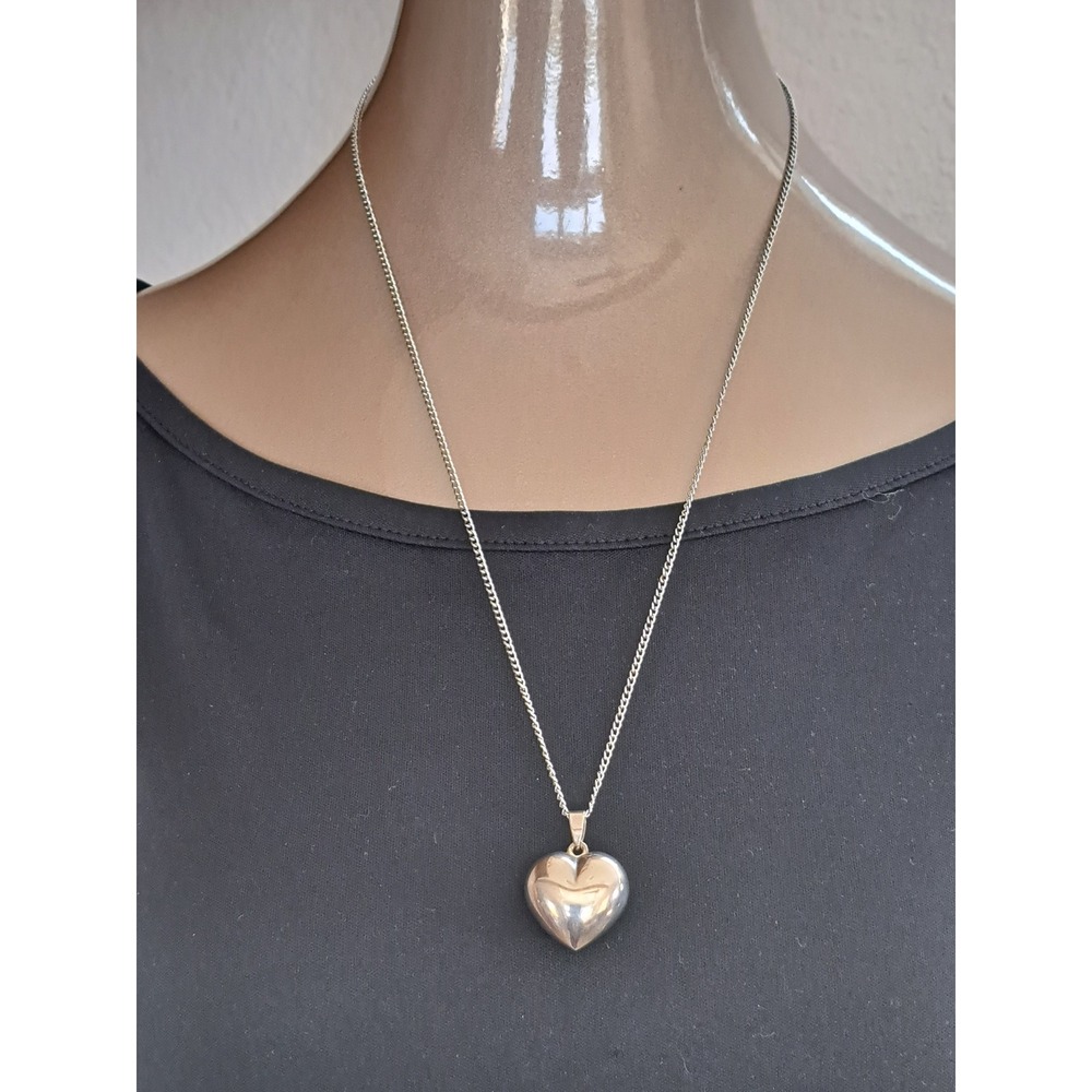 Sterling Silver Puffed Heart Pendant Necklace Curb Chain Polished Romantic